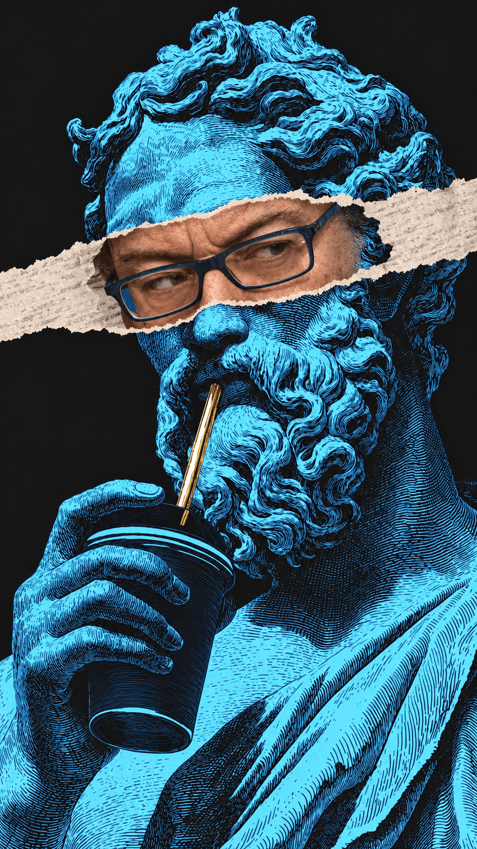 Collage di un busto classico blu con occhiali e una bevanda.