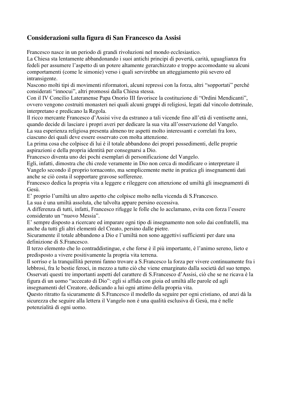 La figura di San Francesco d'Assisi e i suoi insegnamenti