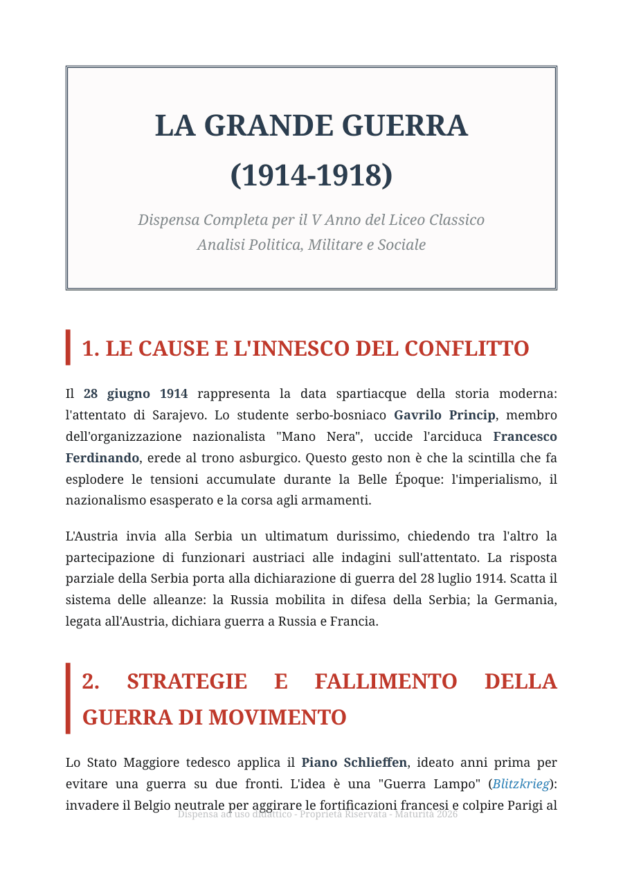 Copertina Riassunto Prima Guerra Mondiale