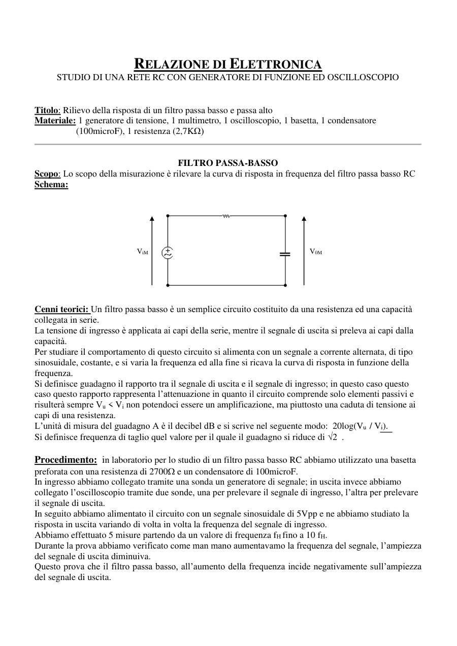 Studio di una rete RC: filtro passa basso e passa alto