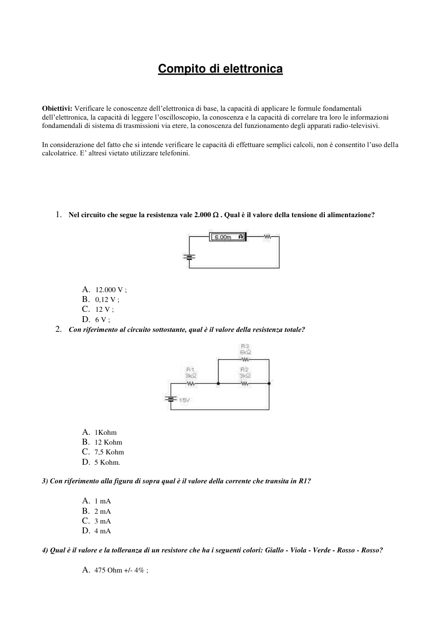 Compito di elettronica: Verifica conoscenze di base
