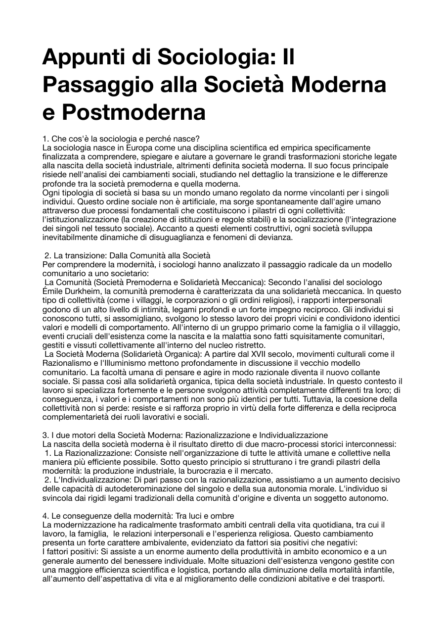 Il Passaggio alla Società Moderna e Postmoderna