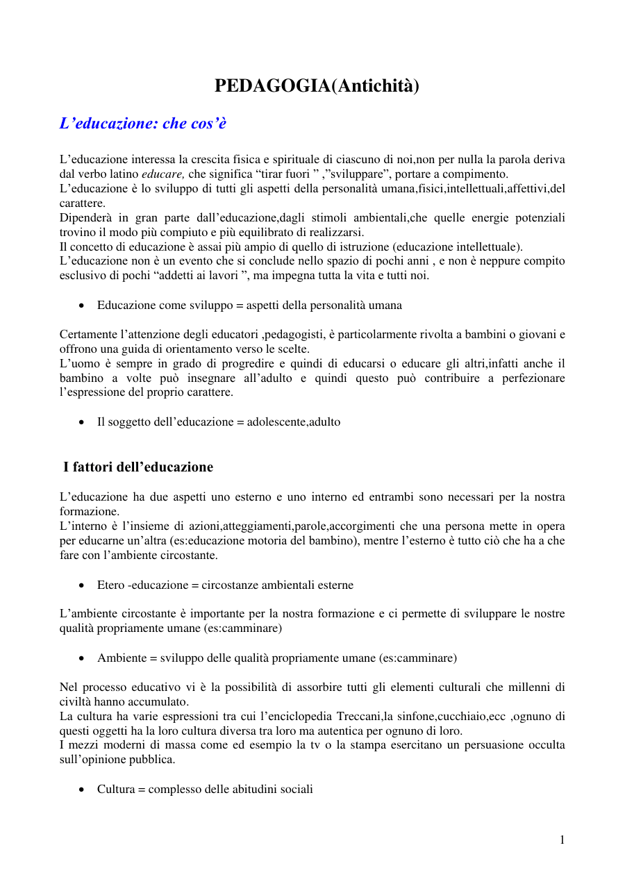 Introduzione alla Pedagogia nell'Antichità