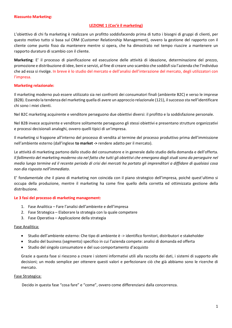 Riassunto delle basi del marketing e del marketing management