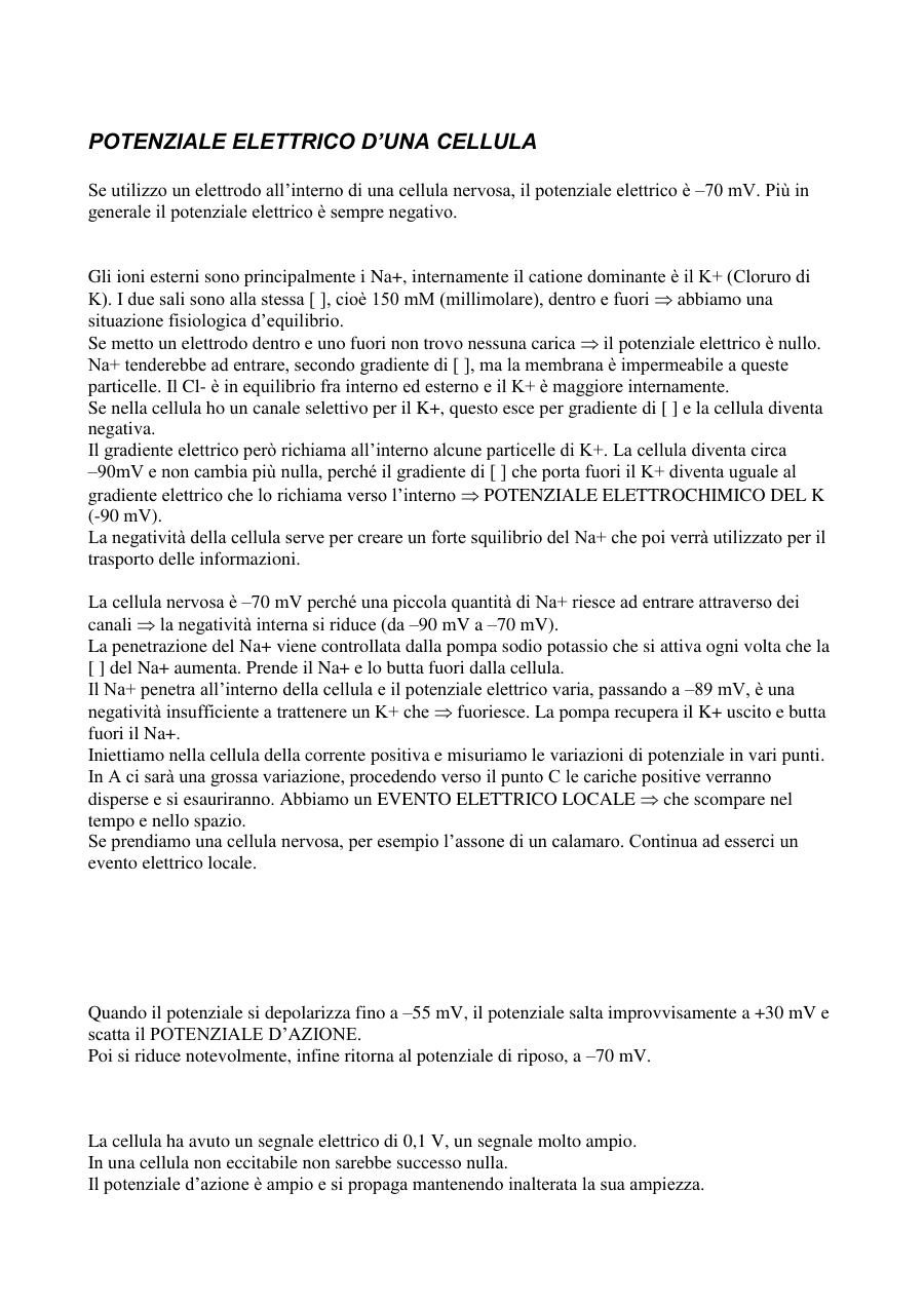 Potenziale Elettrico e Potenziale d'Azione nelle Cellule Nervose
