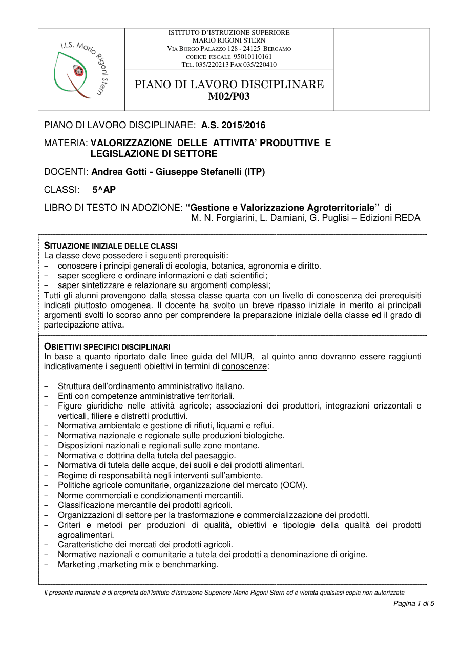 Piano di Lavoro per Attività Produttive e Legislazione