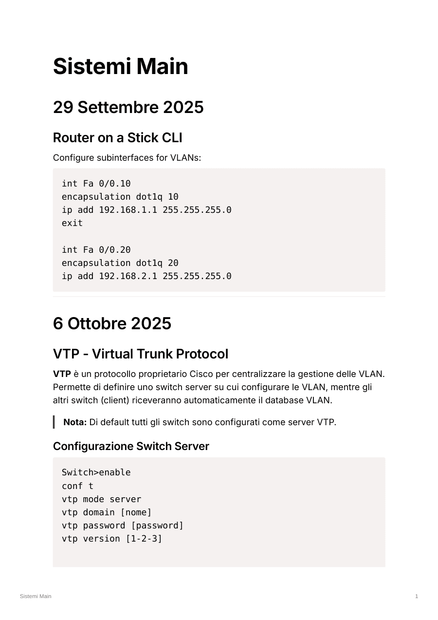 Configurazione reti: VLAN, VTP, NAT, ACL
