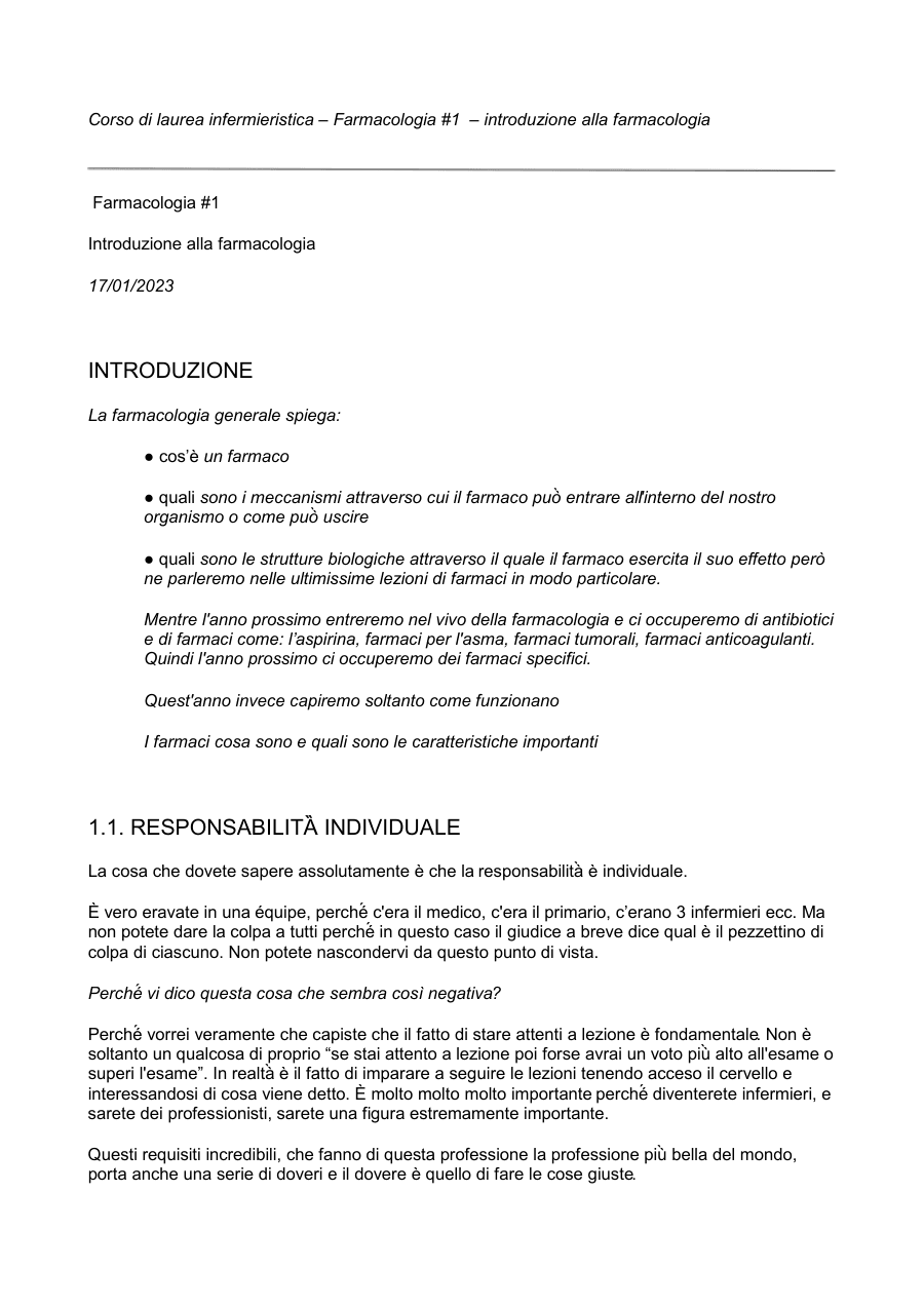 Introduzione alla farmacologia e responsabilità professionale