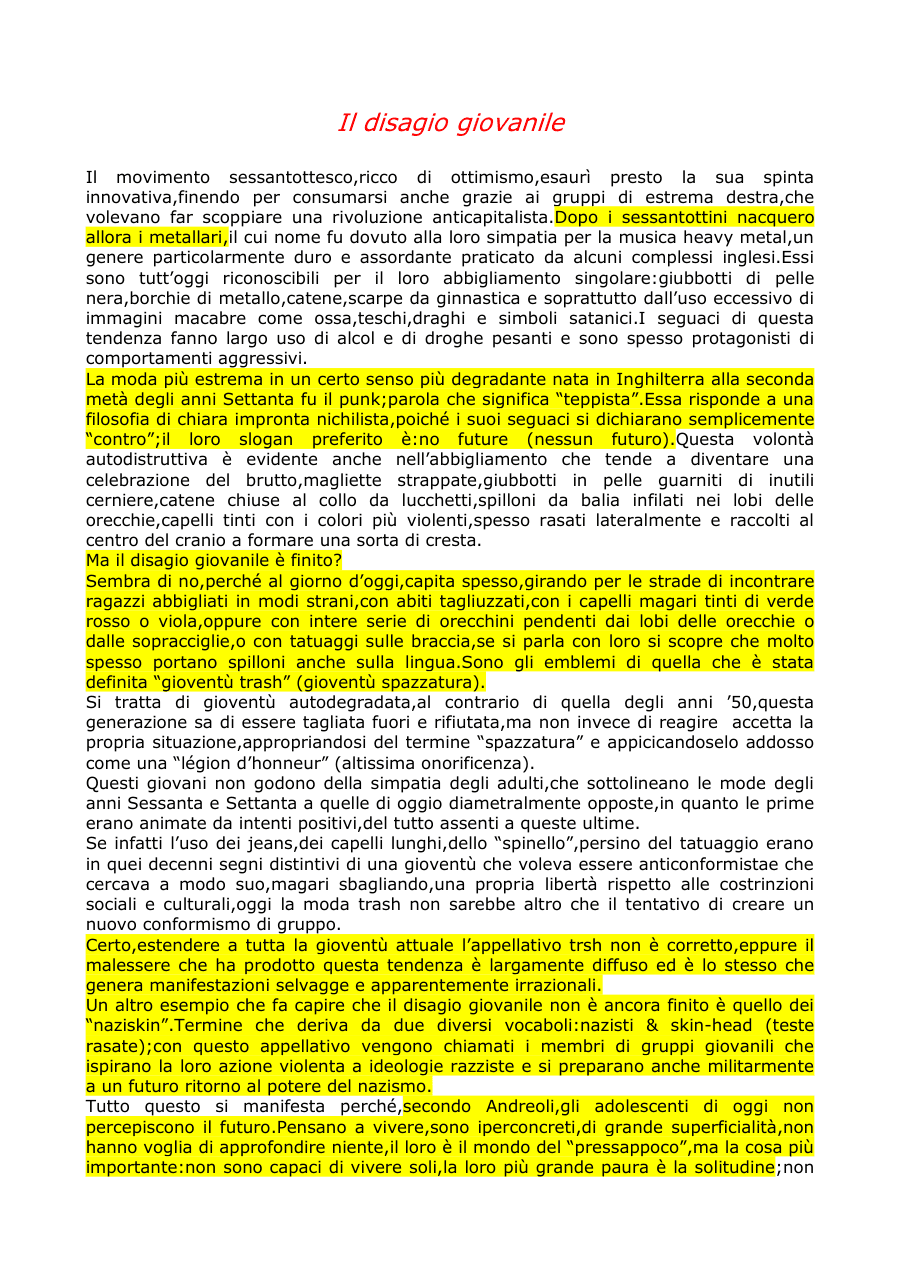 Il disagio giovanile e le sue manifestazioni