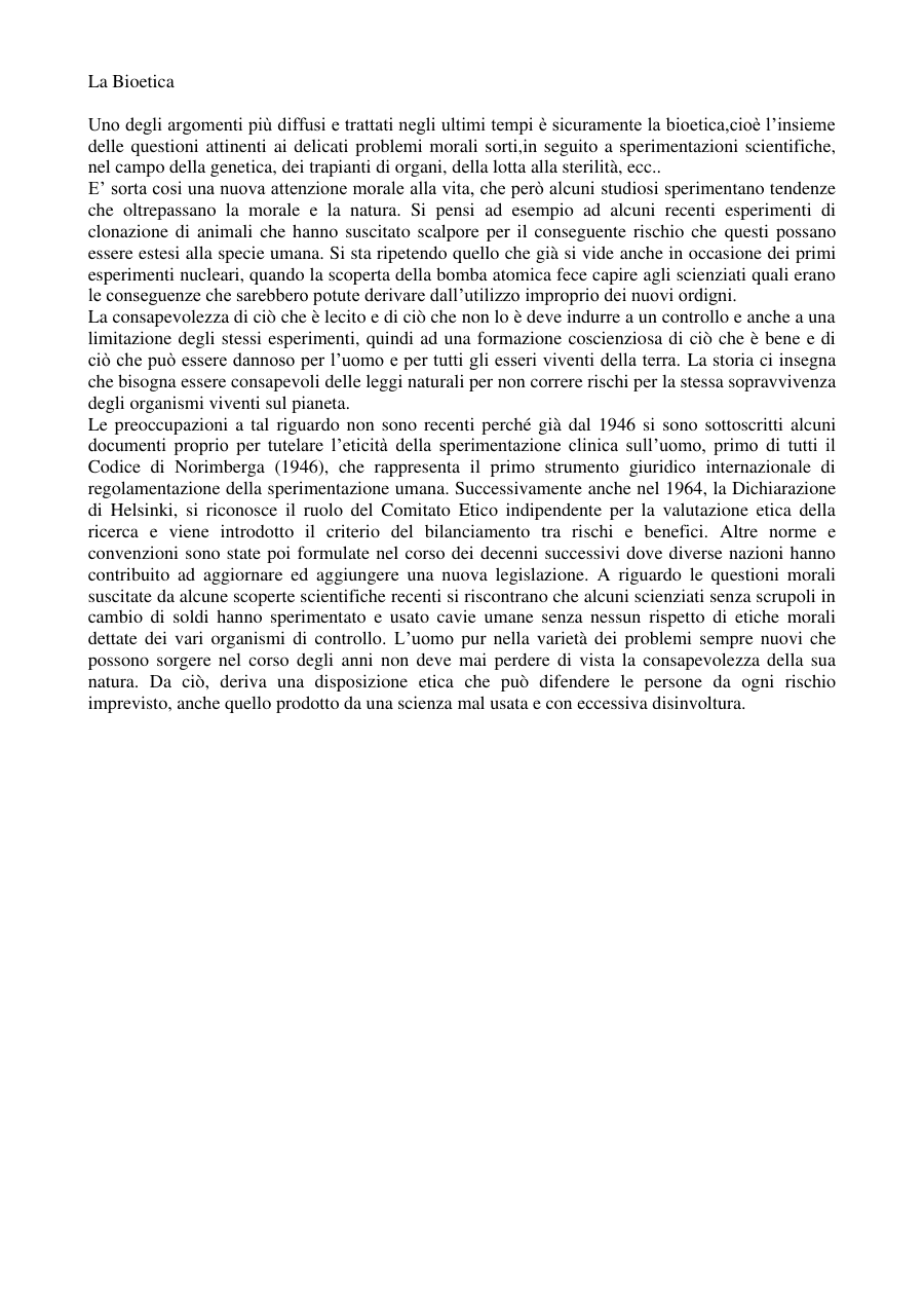 Introduzione alla Bioetica e alle sue problematiche morali