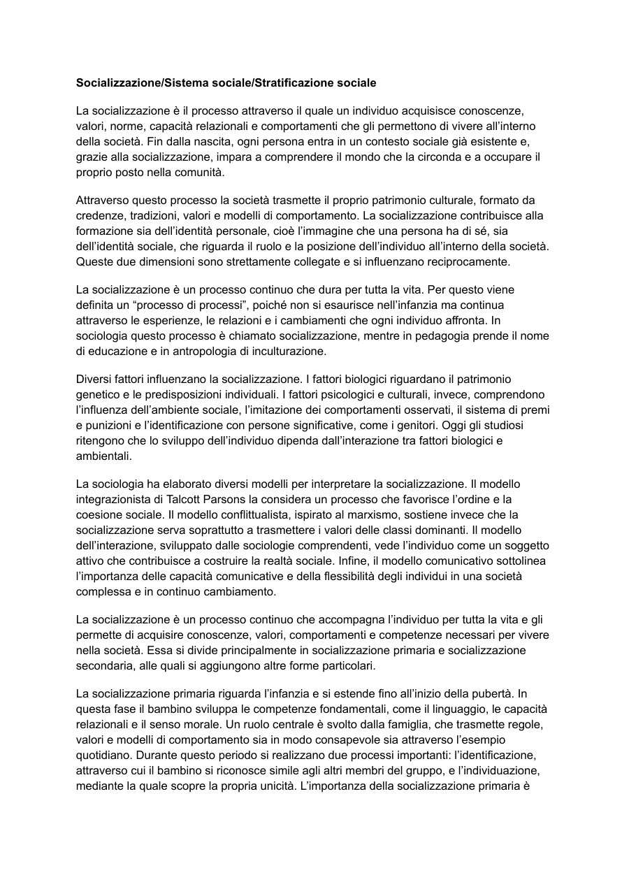Socializzazione e stratificazione sociale