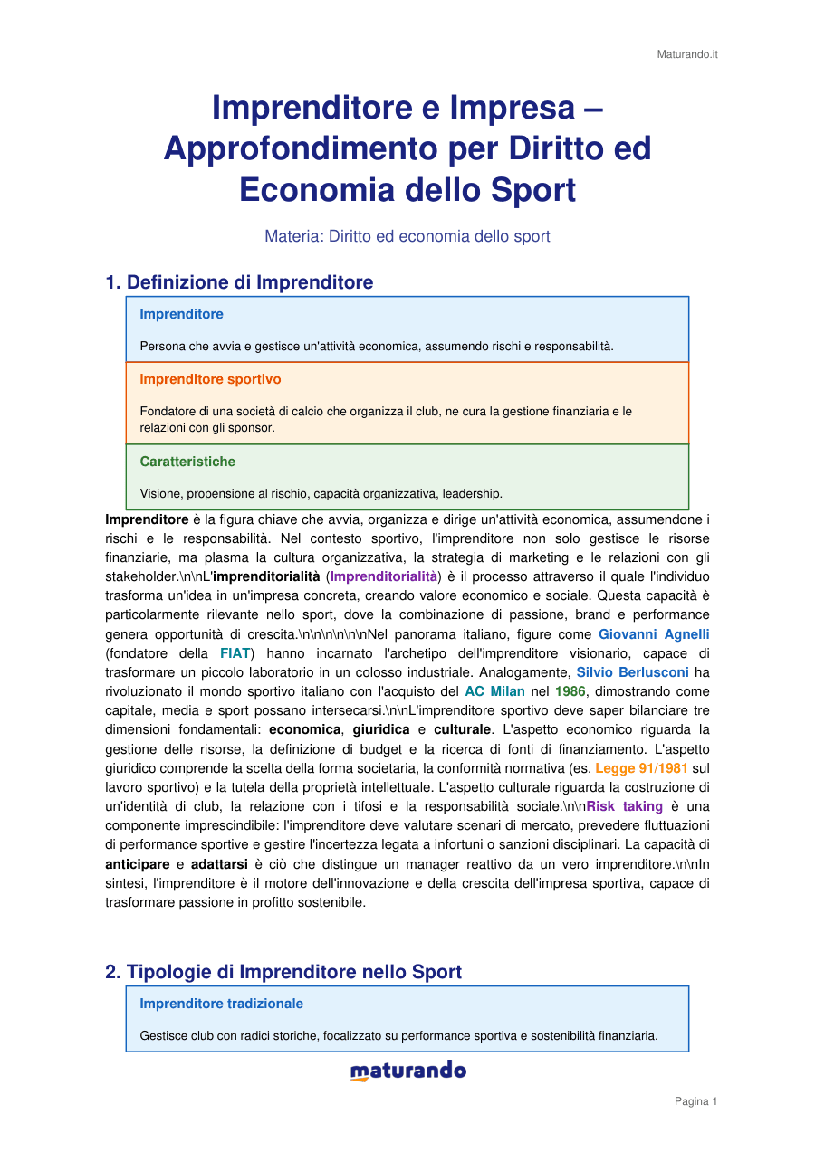 Imprenditore e Impresa – Approfondimento per Diritto ed Economia dello Sport