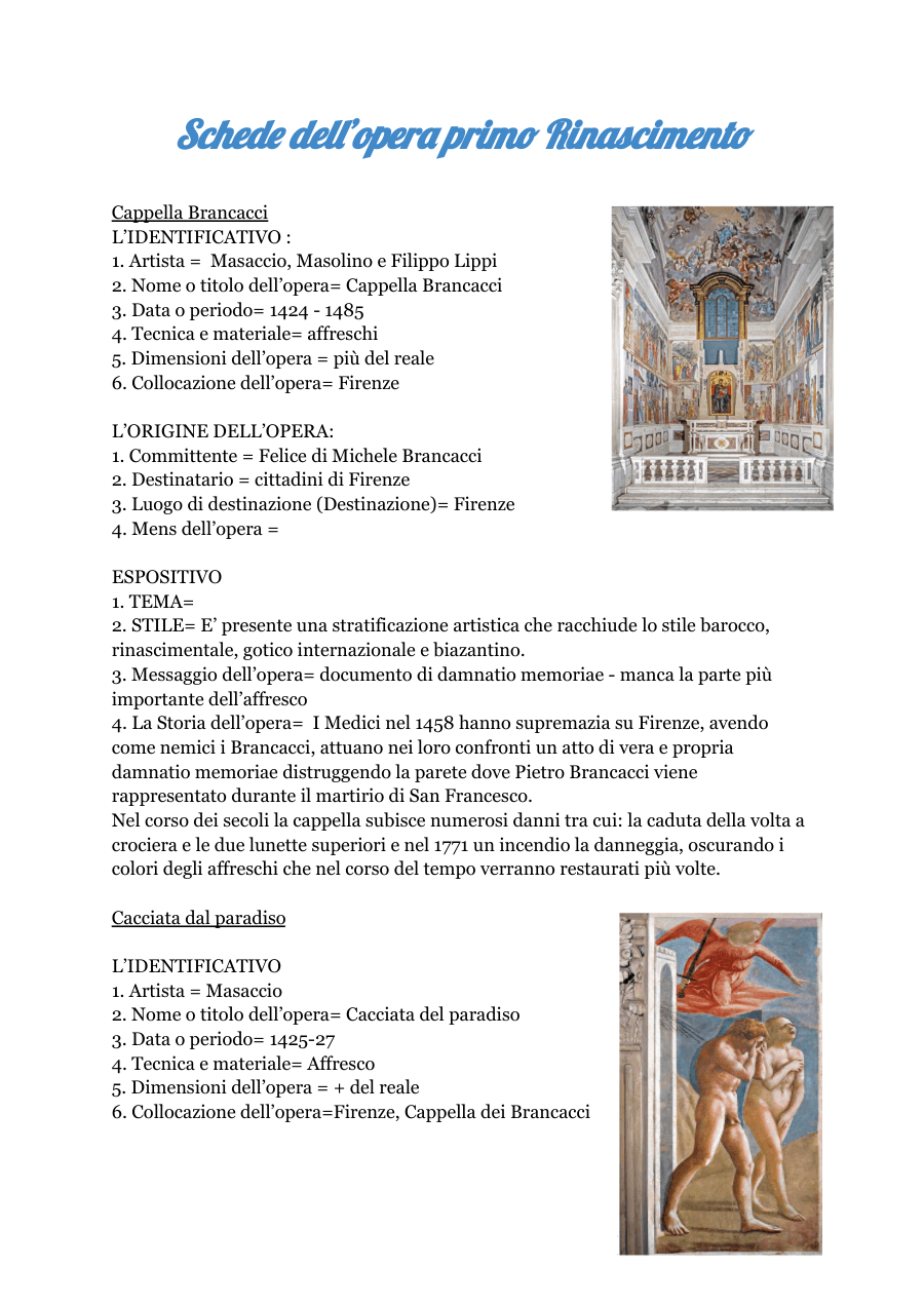 Schede sul Primo Rinascimento
