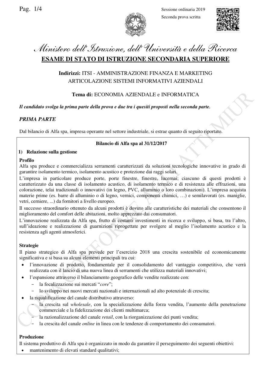 Tema di Economia Aziendale e Informatica - Esame di Stato 2019