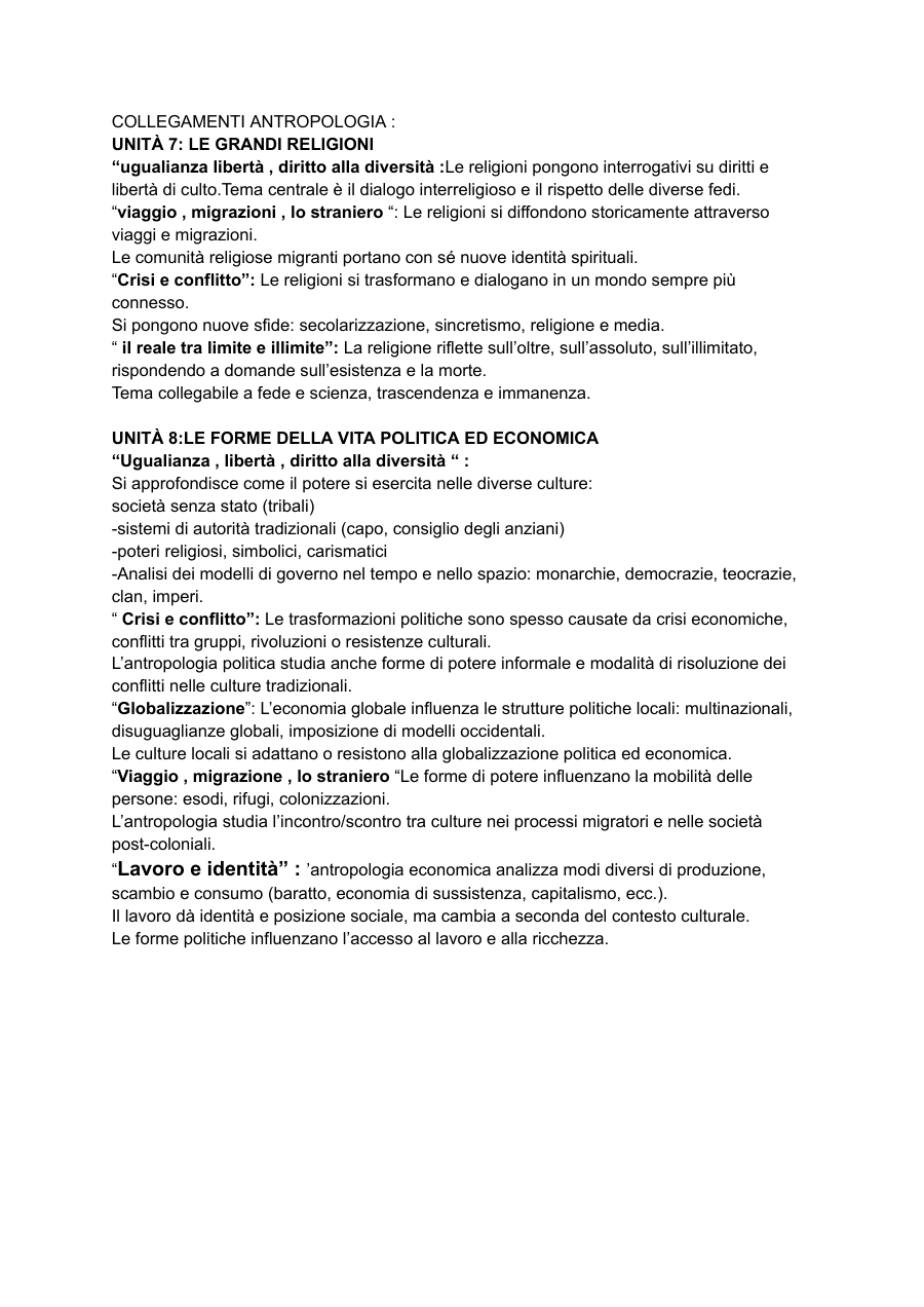Collegamenti Antropologia: Religioni e Vita Politica