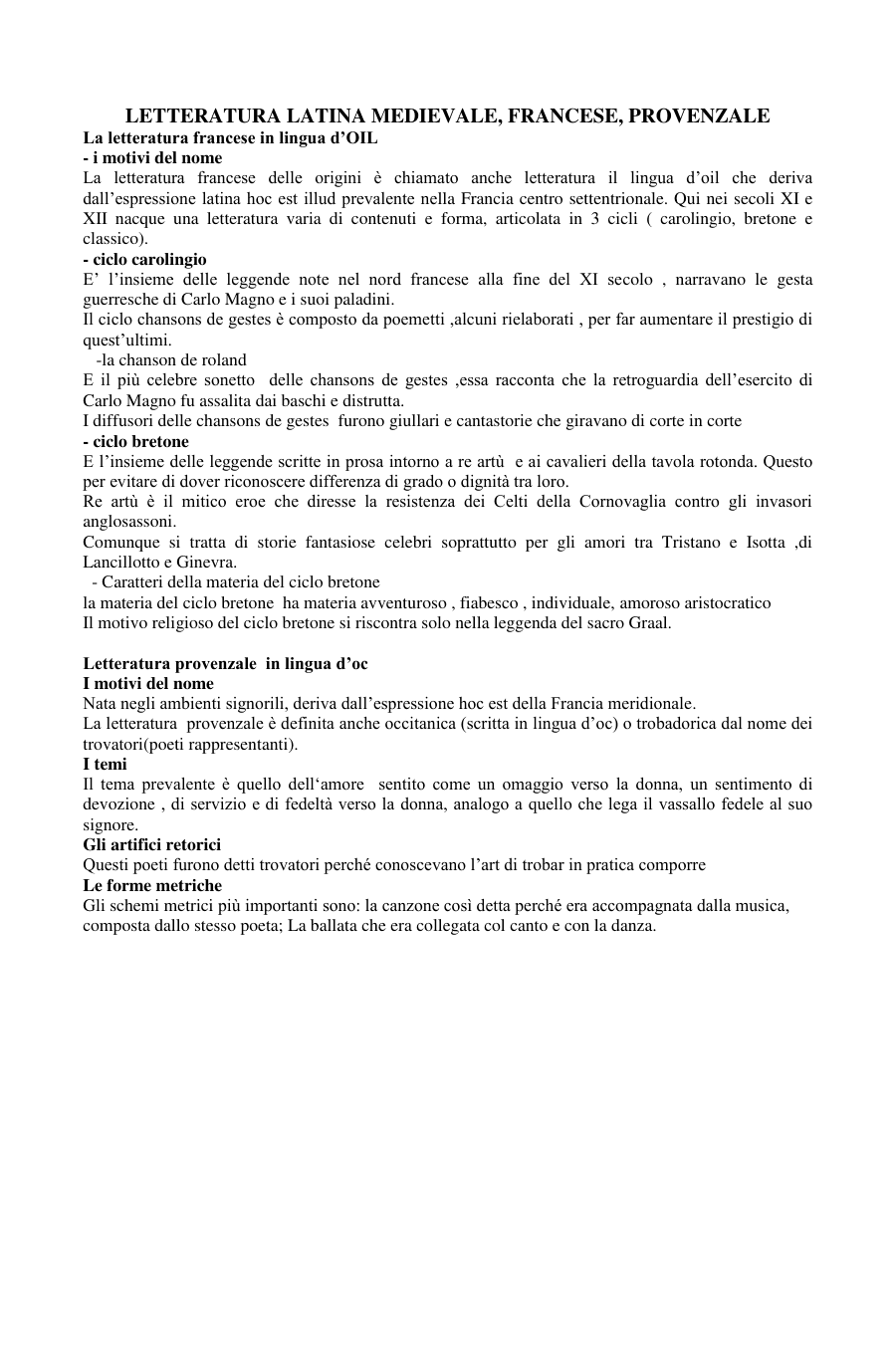 Letteratura francese e provenzale: cicli e temi