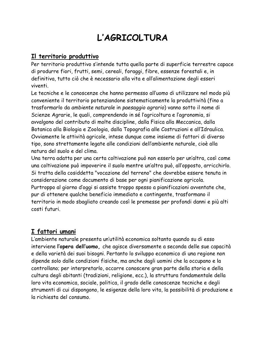 Introduzione all'Agricoltura e ai Fattori Economici