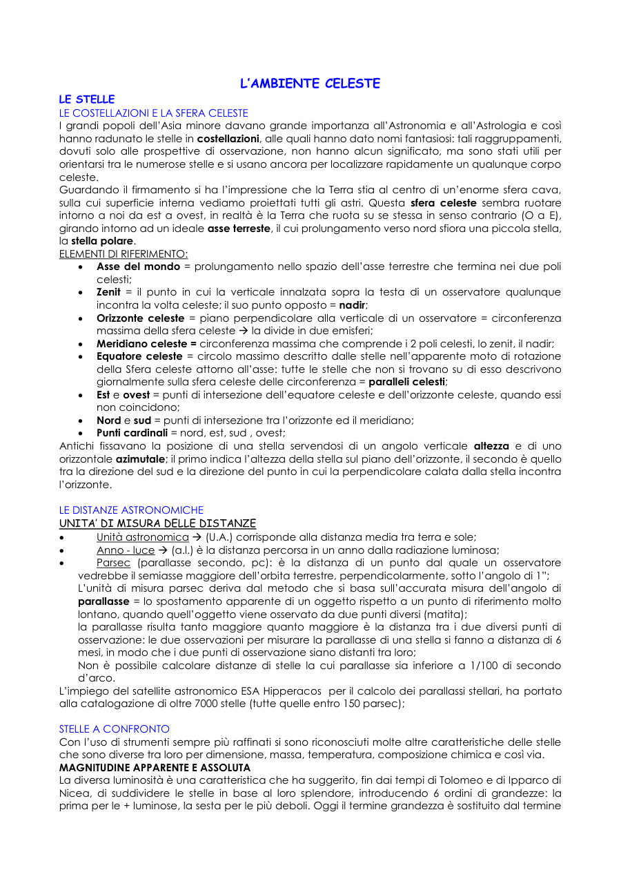 Introduzione all'Astronomia e alle Stelle
