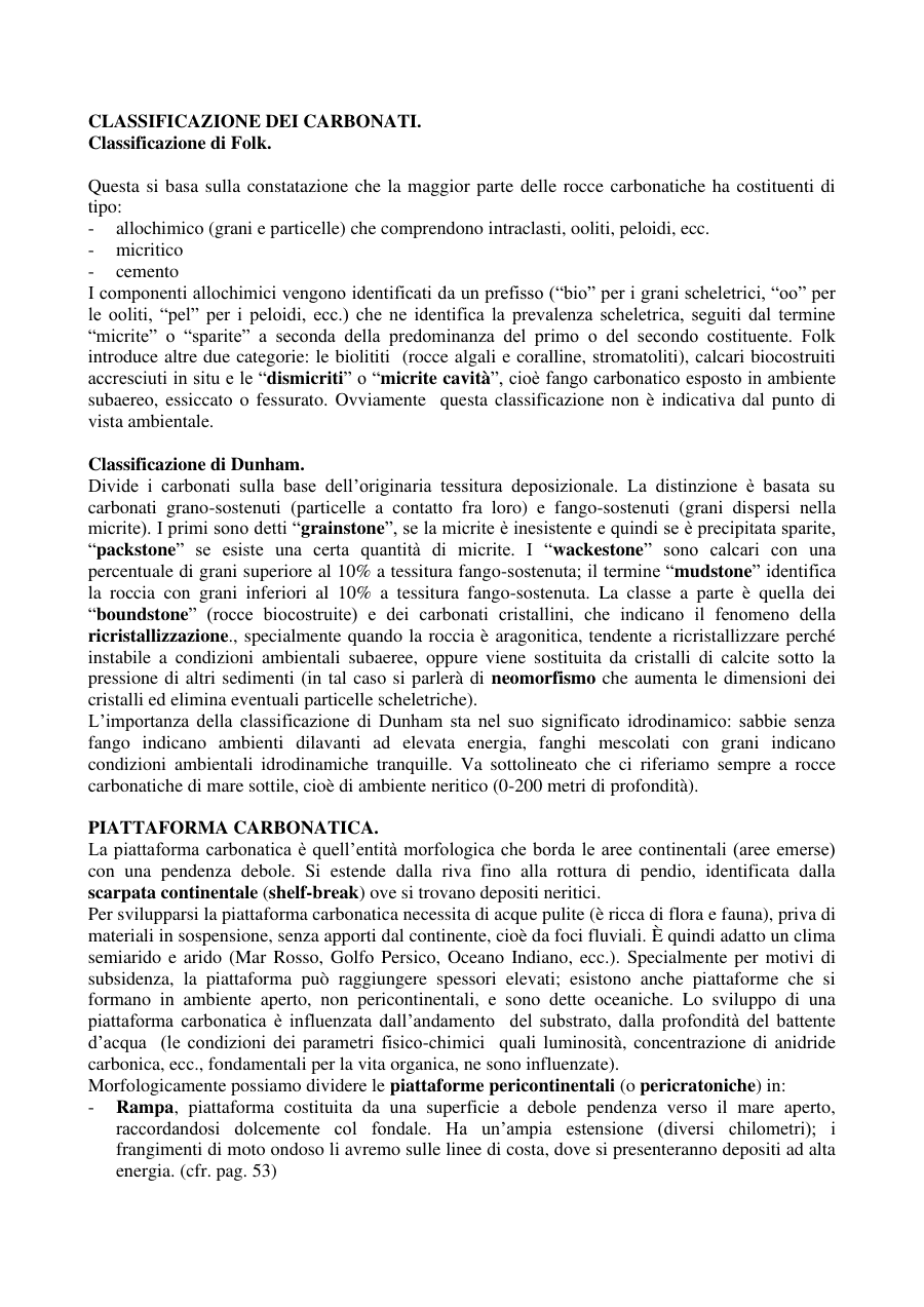 Classificazione dei Carbonati e Piattaforme Carbonatiche