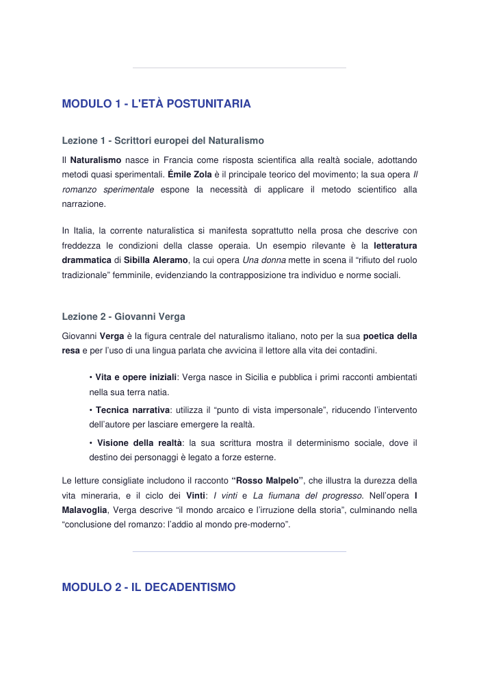 Programma di Letteratura: dall'Età Postunitaria al Periodo Fra le Due Guerre