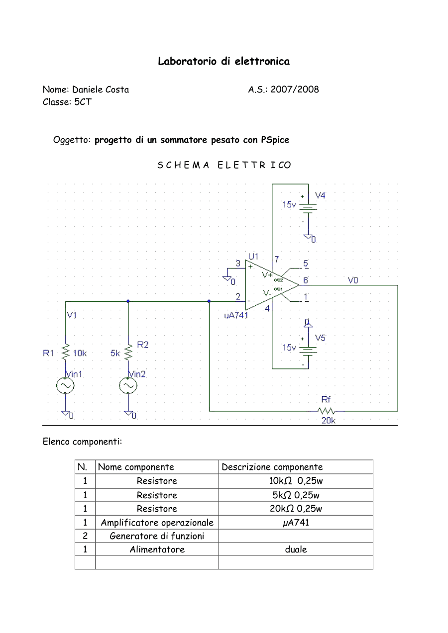 Progetto di un sommatore pesato con PSpice