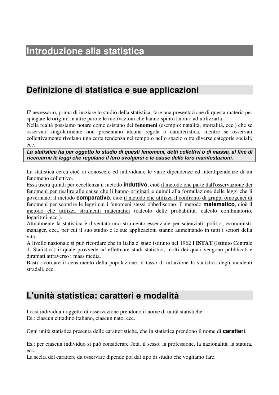 Introduzione alla Statistica e alle sue Applicazioni