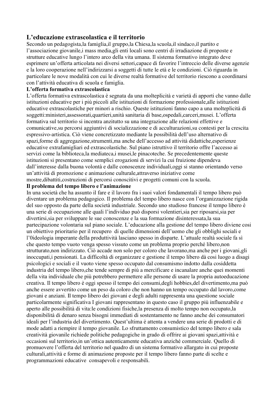 Educazione extrascolastica e gestione del tempo libero