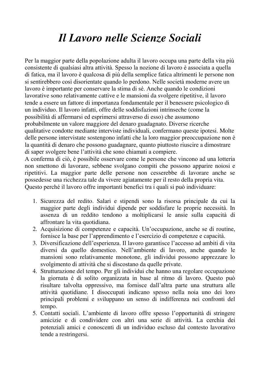 Il Lavoro e il suo Impatto Sociale