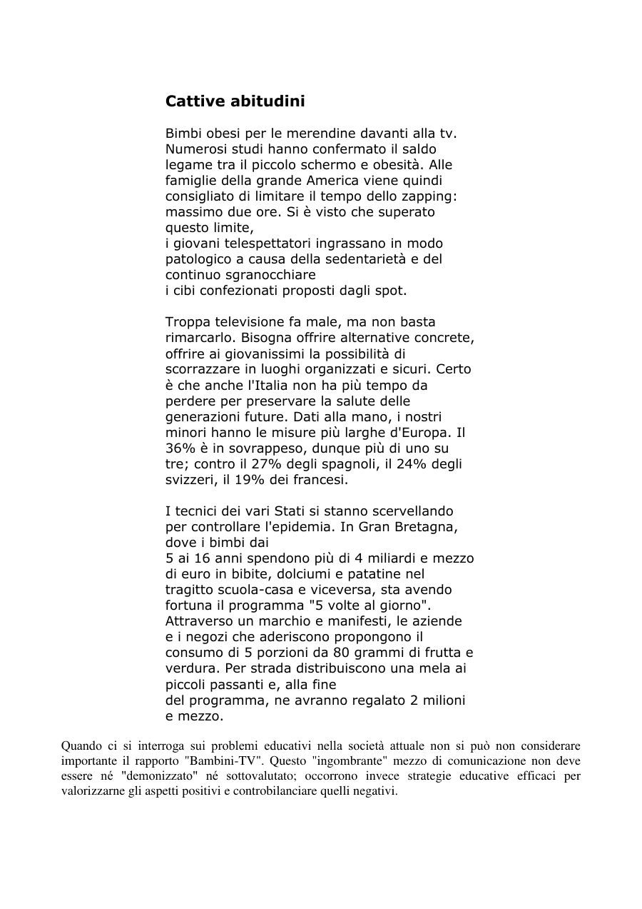 Influenza della TV sui bambini e obesità