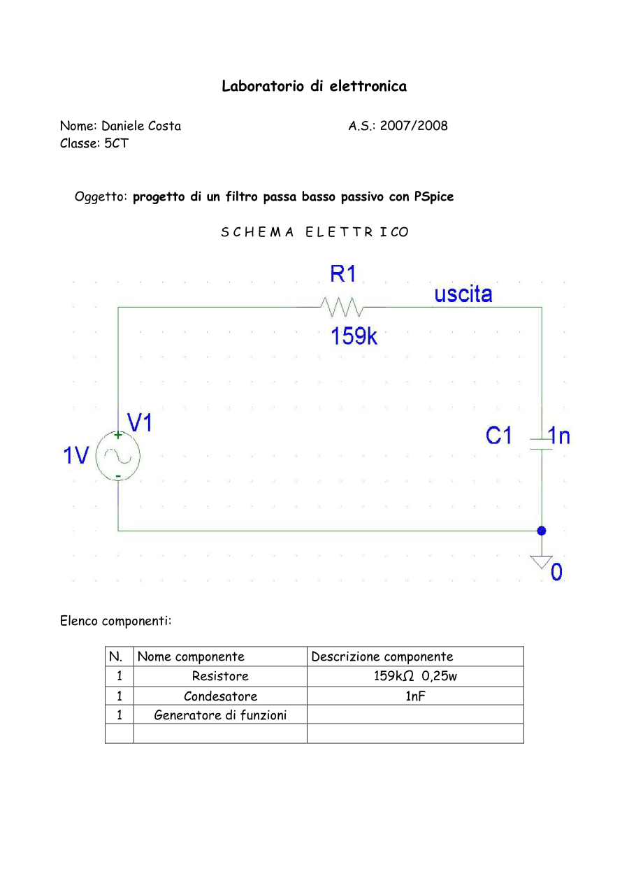 Progetto filtro passa basso passivo con PSpice