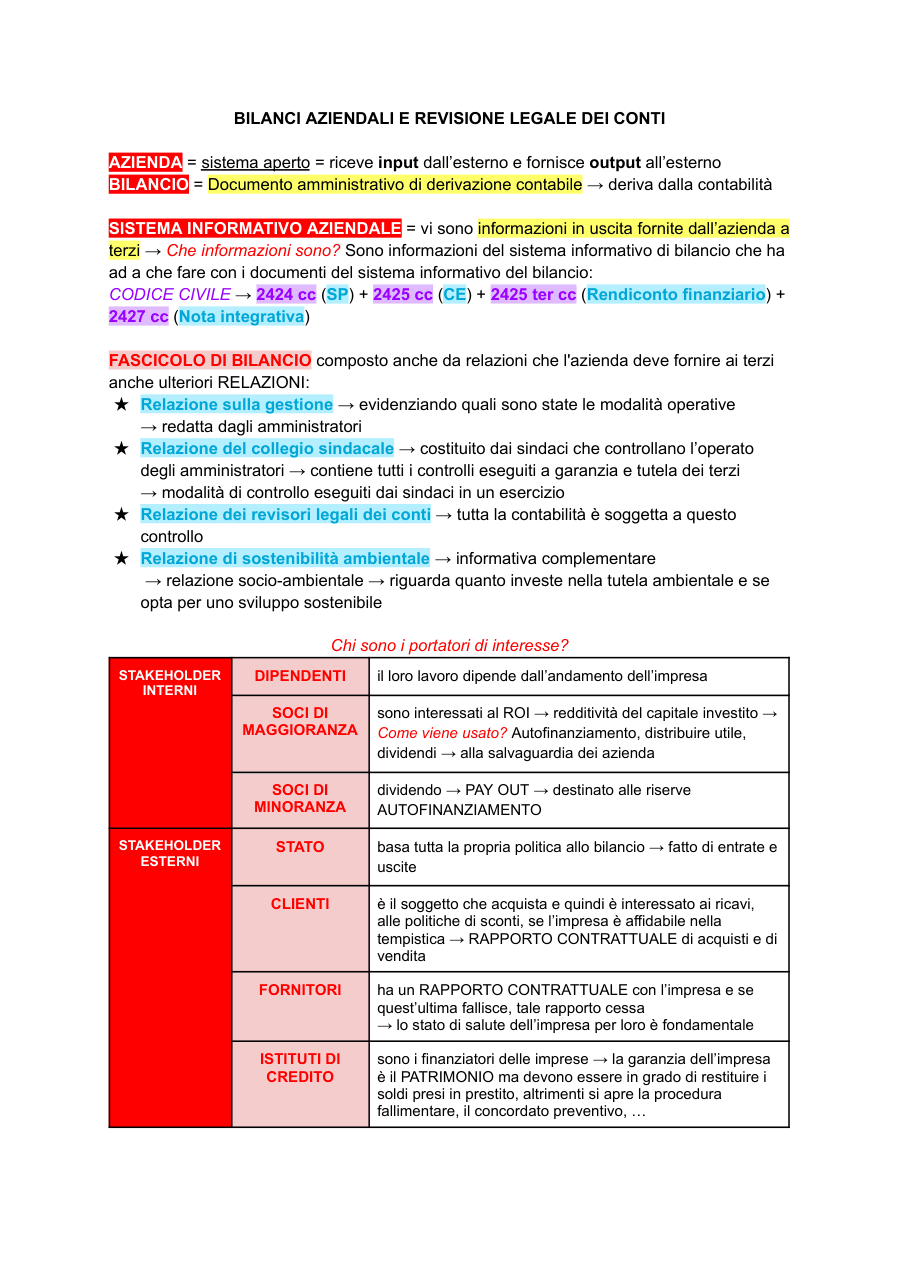 Bilanci aziendali e revisione legale dei conti