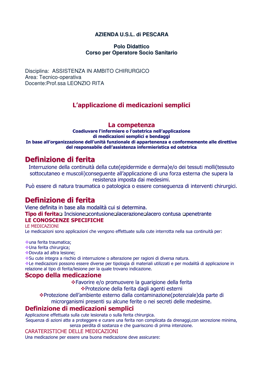 Applicazione di Medicazioni Semplici per Operatori Socio-Sanitari