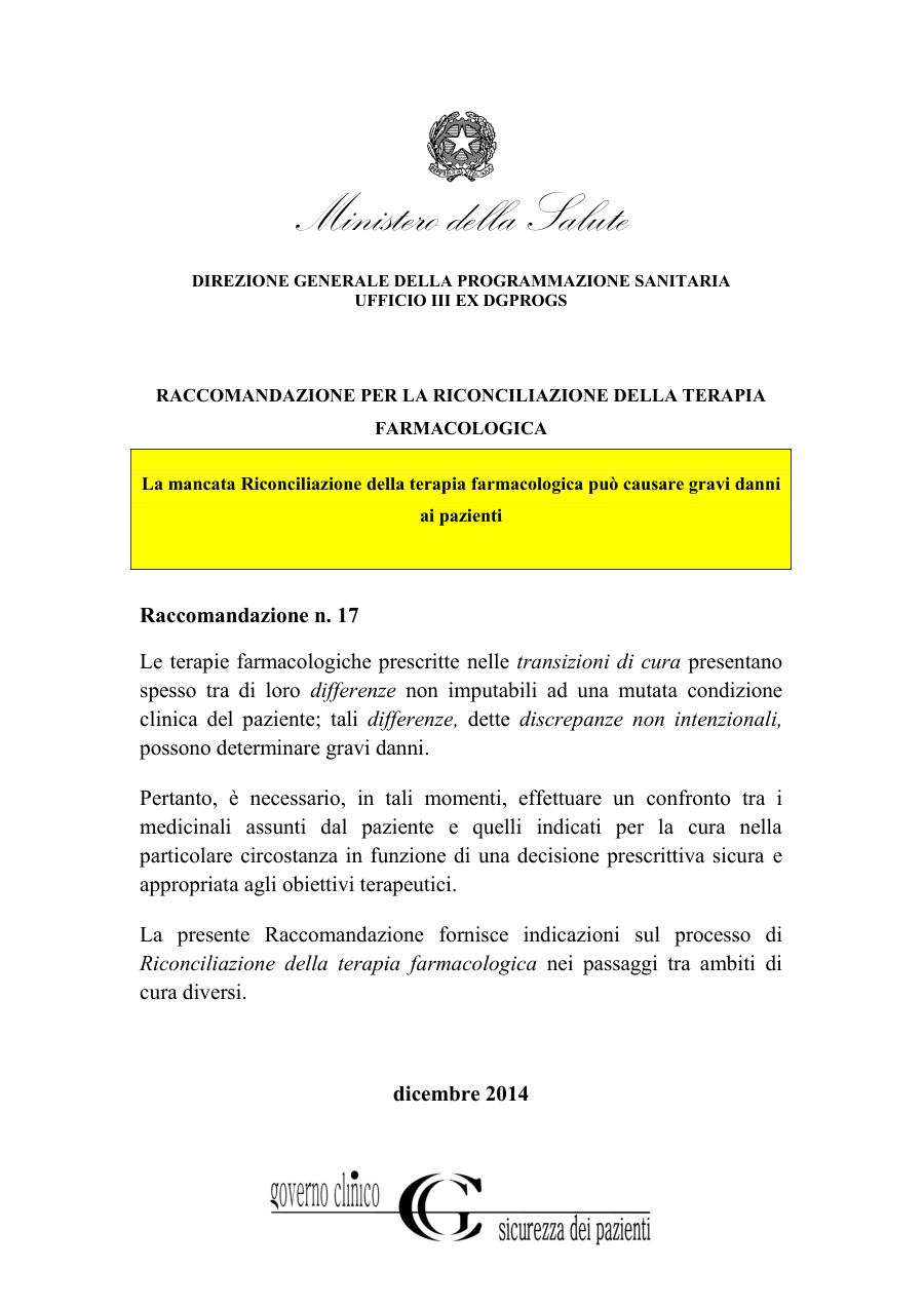 Raccomandazione per la Riconciliazione della Terapia Farmacologica