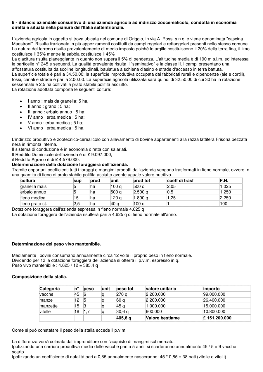 Bilancio aziendale di un'azienda agricola zoocerealicola