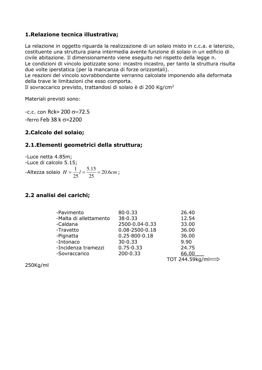 Progettazione di un solaio misto in c.c.a. e laterizio