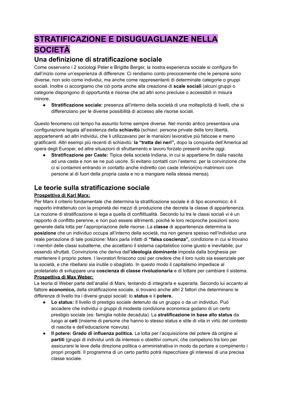 Stratificazione e disuguaglianze nella società