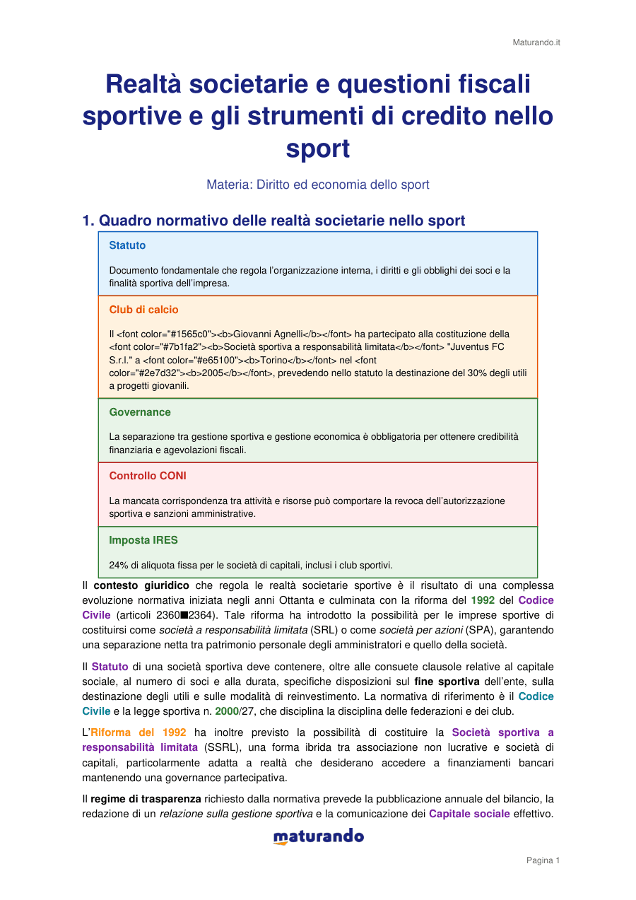 Realtà societarie e questioni fiscali sportive e gli strumenti di credito nello sport