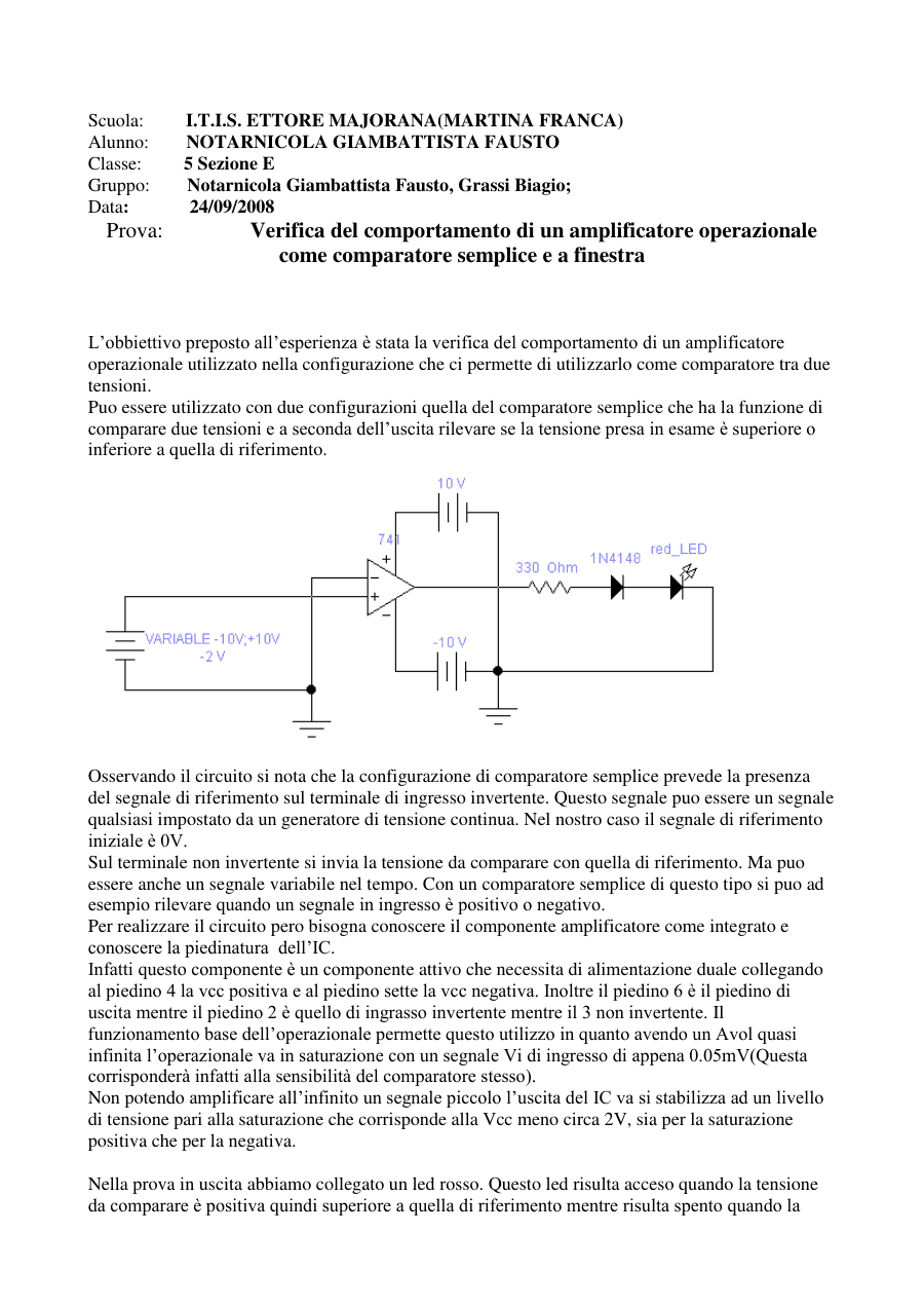 Verifica del comportamento di un amplificatore operazionale