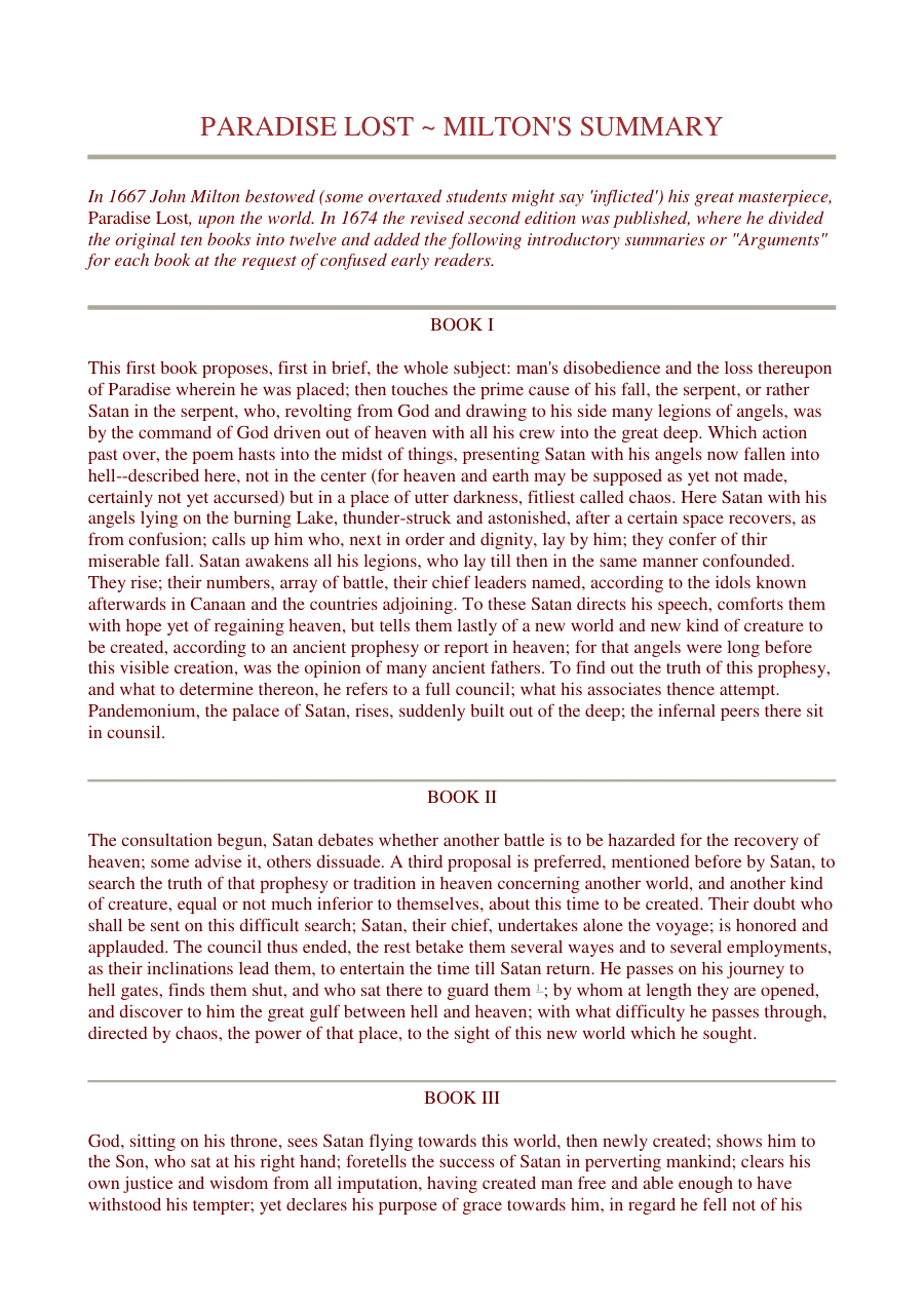 Copertina Paradise Lost - Milton's Summary