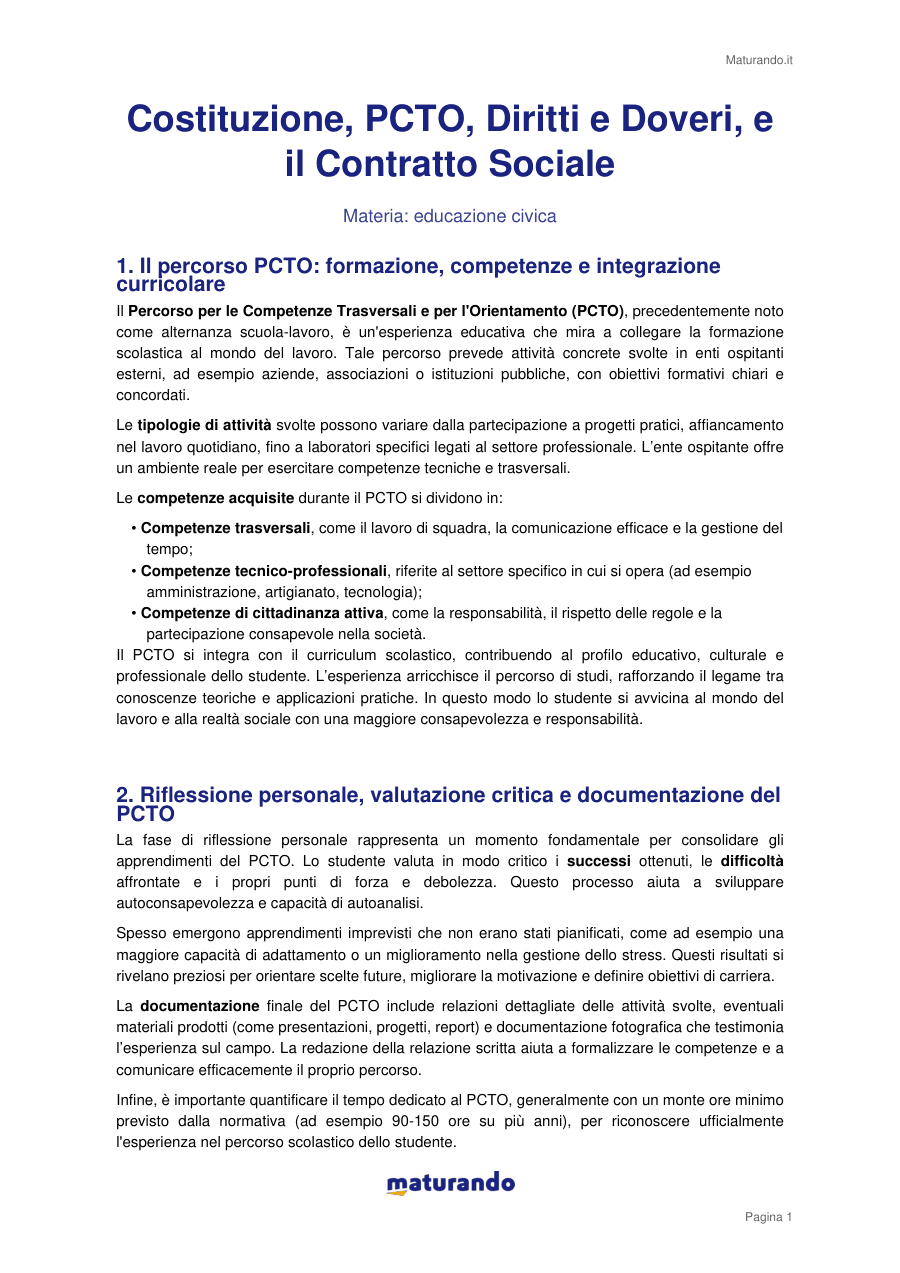 Costituzione, PCTO, Diritti e Doveri, e il Contratto Sociale