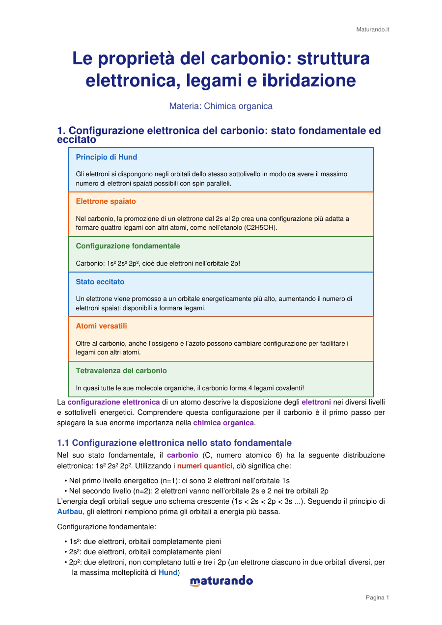 Le proprietà del carbonio: struttura elettronica, legami e ibridazione