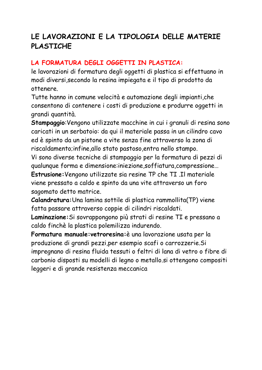 Lavorazioni e Tipologie delle Materie Plastiche