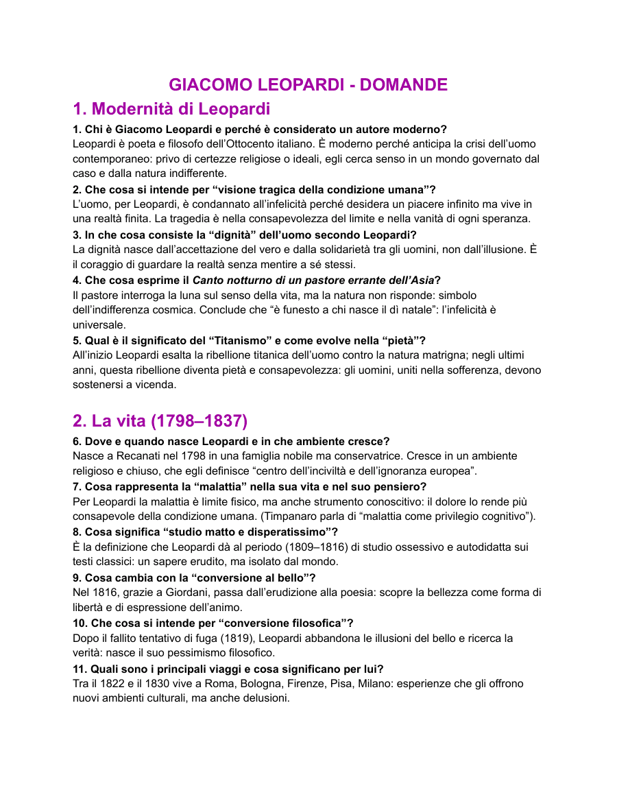 Copertina Domande su Giacomo Leopardi