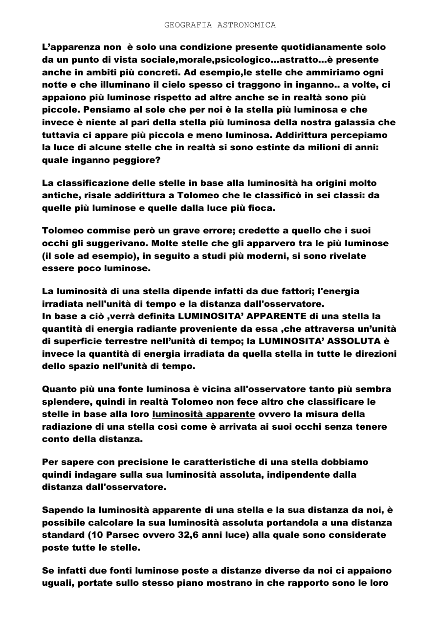 Luminosità e classificazione delle stelle