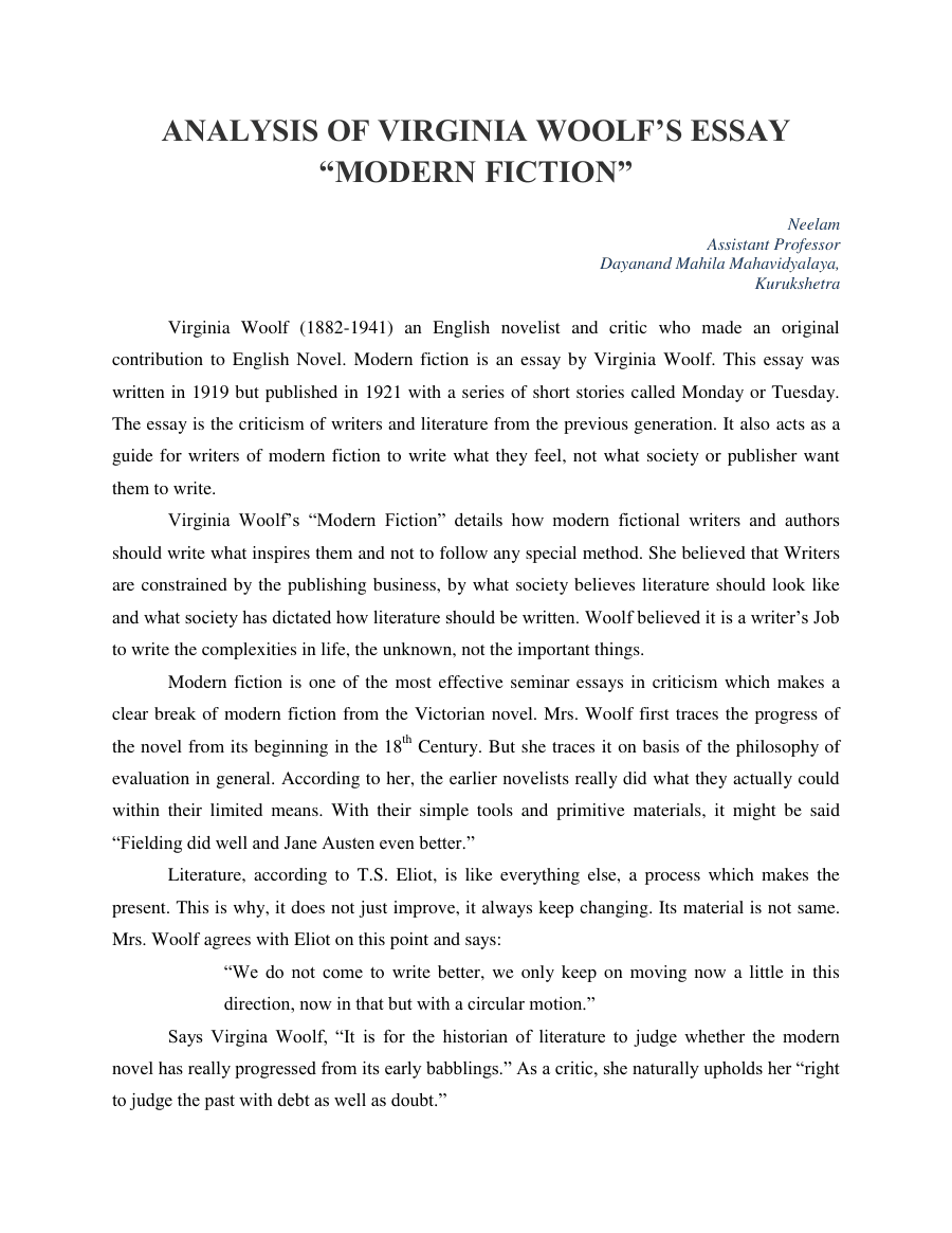 Copertina Analysis of Virginia Woolf’s Essay 'Modern Fiction'