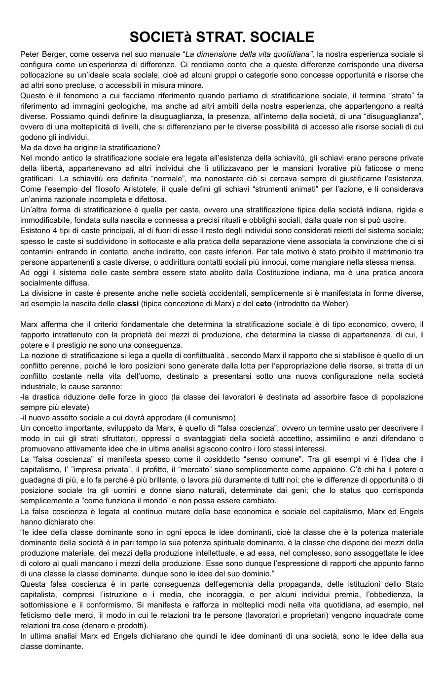 Riassunto sulla Stratificazione Sociale
