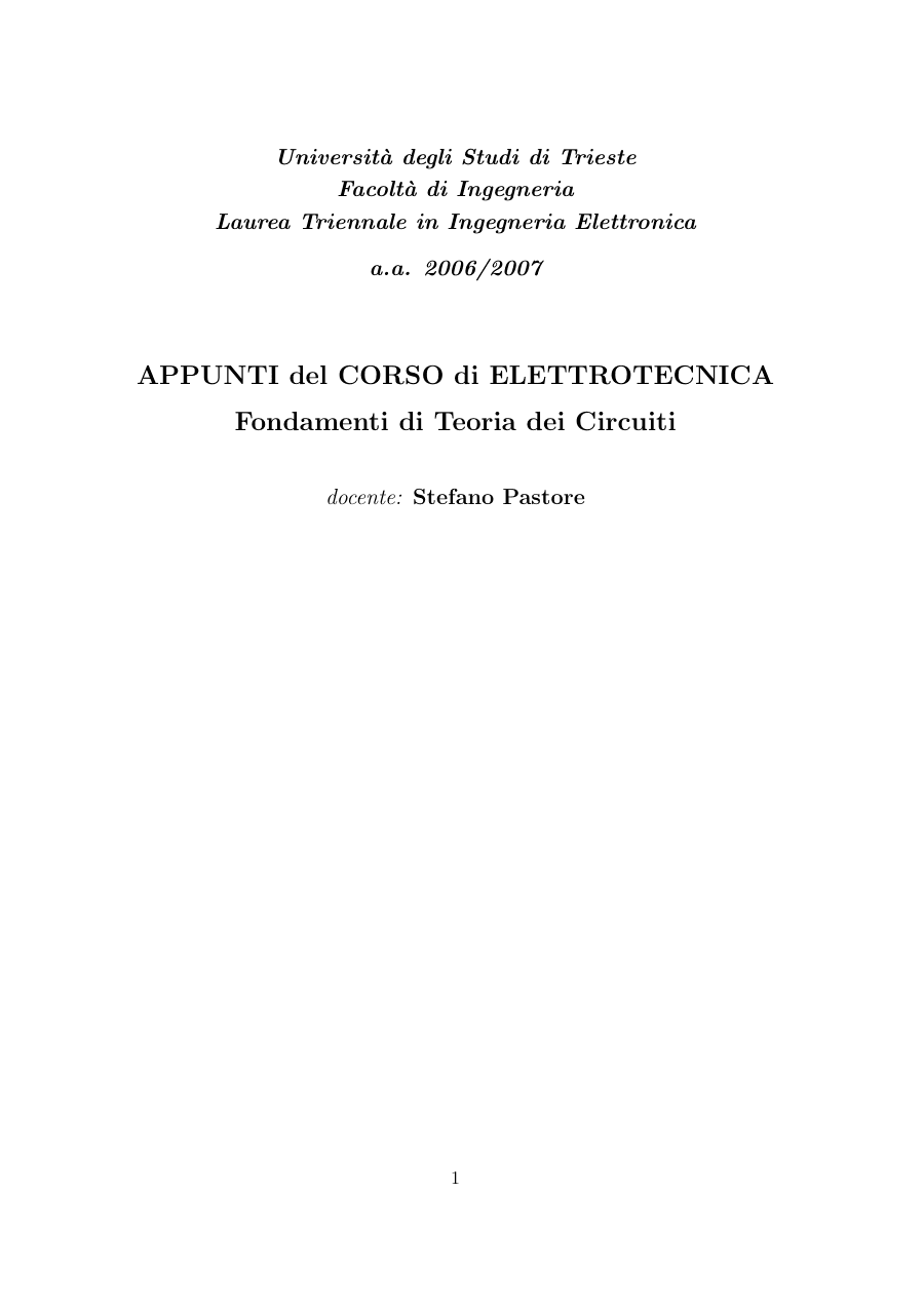 Appunti del Corso di Elettrotecnica - Fondamenti di Teoria dei Circuiti