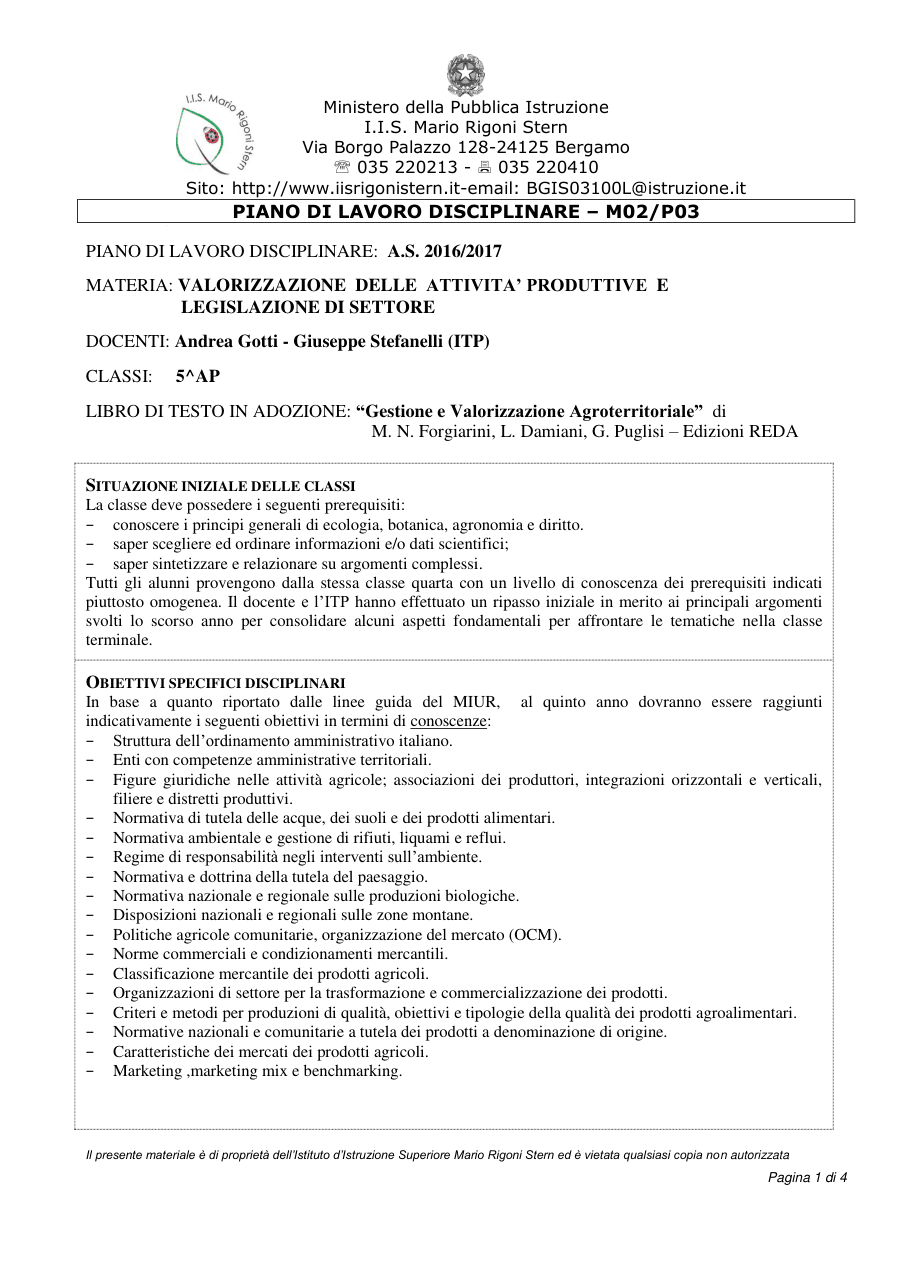 Piano di Lavoro per Valorizzazione Attività Produttive