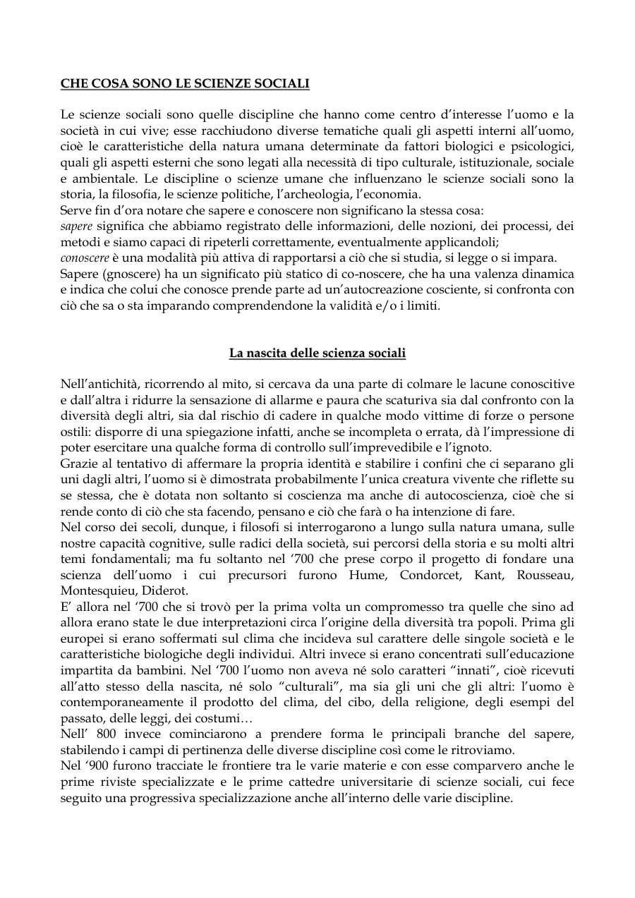 Introduzione alle Scienze Sociali e Antropologia