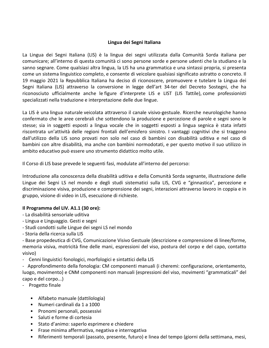 Corso di Lingua dei Segni Italiana (LIS) - Programma e Struttura
